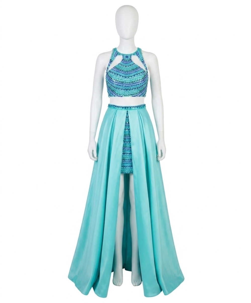 NEW RACHEL ALLAN fully beaded two-piece prom dress with overskirt in aqua mint